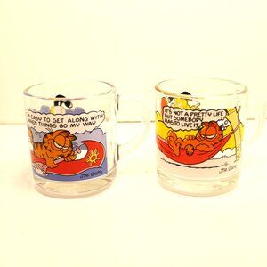 McDonalds Garfield Clear Glass Mugs Coffee Cups Jim Davis 1978 Set Of 2 Vintage